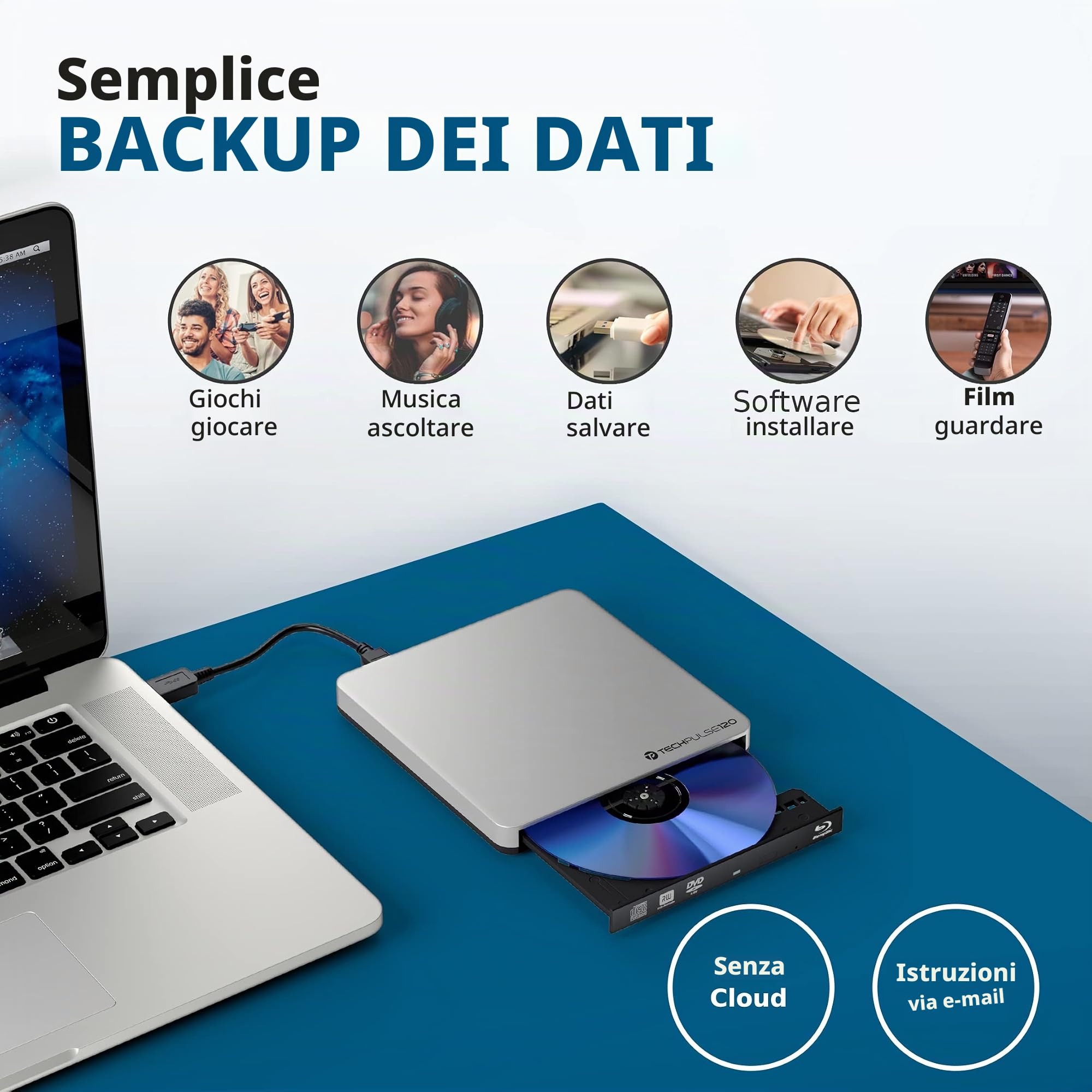 techPulse120 USB 3.0 3D Scrittore Lettore Blu-Ray BD Rom Masterizzatore Esterno Unità Blueray DVD CD Burner Bruciatore CD/DVD Esterna DVD-R CD-RW SuperDrive per PC Laptop Notebook Ultrabook Computer