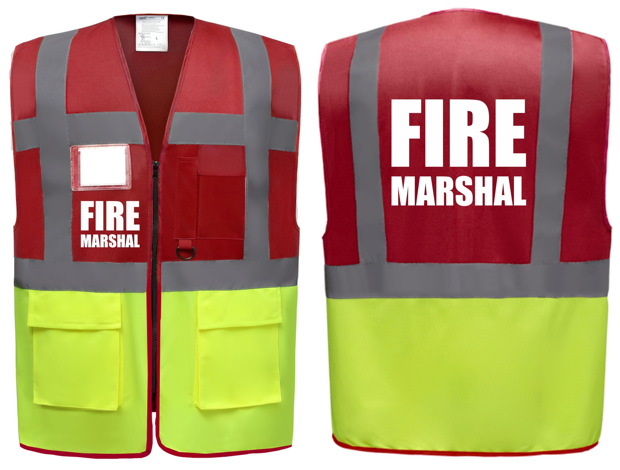 Brook Hi Vis UK Big Logo Fire Marshal Red/Yellow Zipped Hi Vis Vest High Visibility Safety Waistcoat Pockets Reflective Bands Company Compliance Event Staff, Alpha, XL, Regular, Regular, Red/Yellow