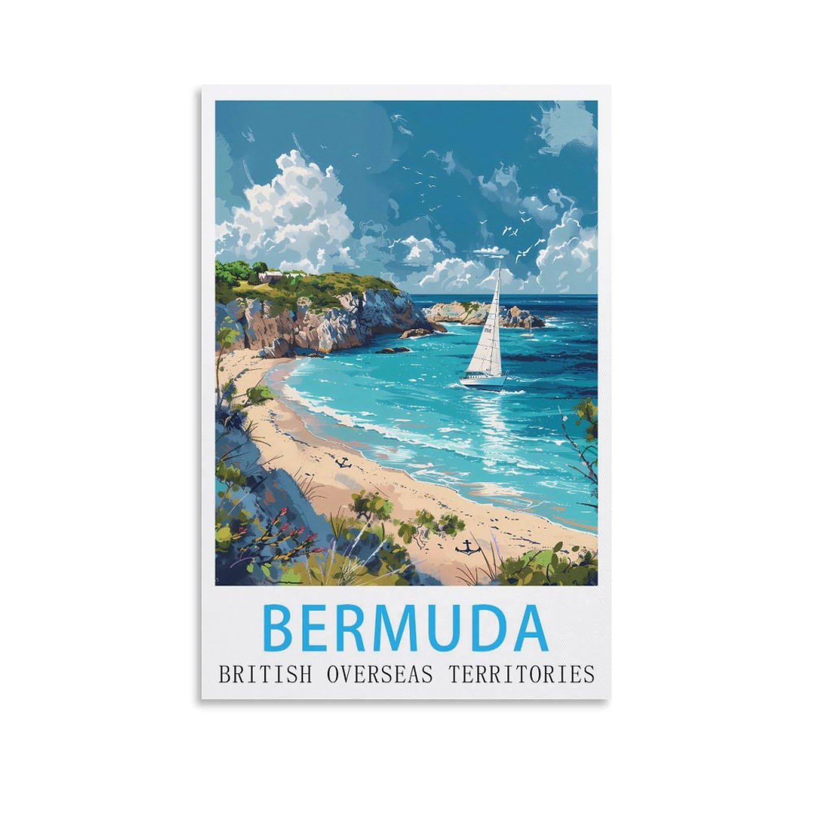 HXHNFERR British Overseas Territories Bermuda Vintage Travel Poster 16x24inch(40x60cm) Canvas Wall Posters And Art Pictures Prints Paintings Bedroom Decor