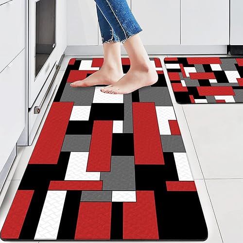 Juego de 2 tapetes de cocina antifatiga con amortiguación para estar de pie cómodo, diseño abstracto a cuadros rojo, negro, gris y blanco, perfecto