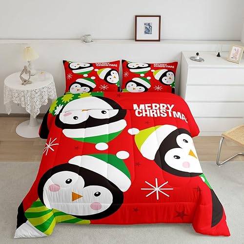 Miniatura 1 de Juego de edredón de Feliz Navidad para niños, tamaño King, juego de ropa de cama de pingüinos de dibujos animados, animales árticos, decoración de