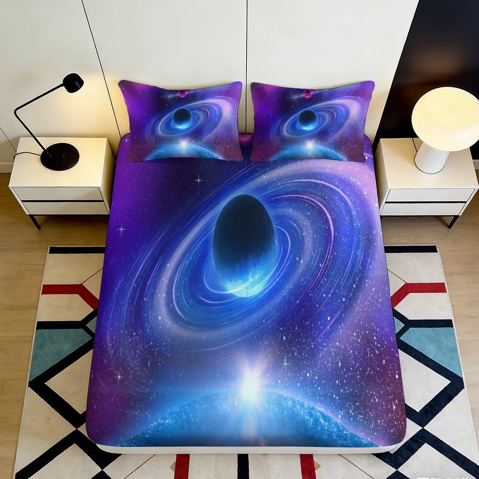 Jqzkxnhpbr Style-1 3D Printed Galaxy Starry Sky Fitted Sheet Microfiber Soft Purple Cosmic Nebula Mattress Cover Bedroom Decor 90X200x25cm