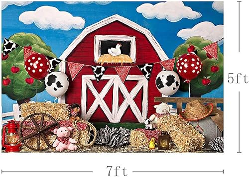 Miniatura 3 de MEHOFOTO - Fondo de cabina de estudio fotográfico de granero rojo de granja, animales rústicos, césped verde, cielo, decoración de fiesta de