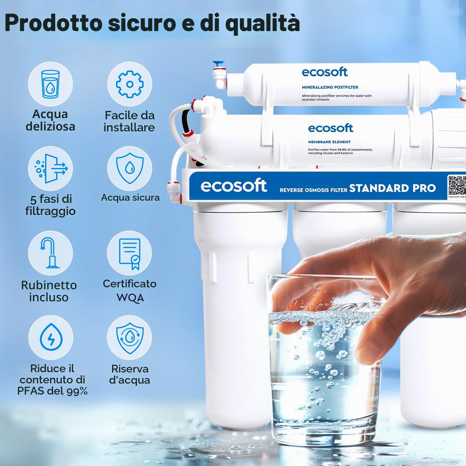 Ecosoft Standard PRO - Filtro ad osmosi inversa, senza pompa, soluzione compatta per la depurazione dell'acqua