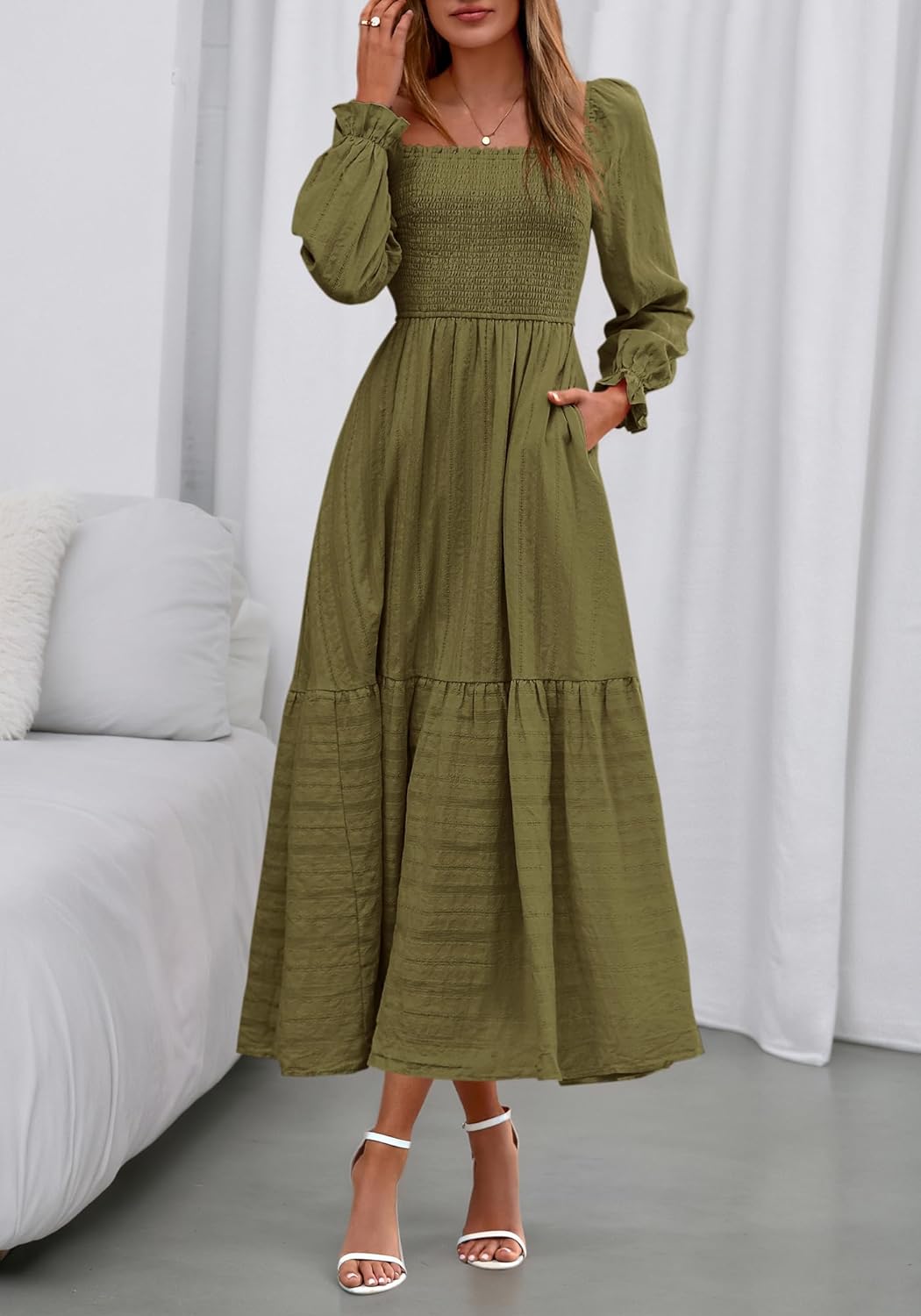 BTFBM Women Maxi Fall Dresses 2025 Long Sleeve Solid Color Square Neck Smocked Boho Long Wedding Guest Dress - Image 6