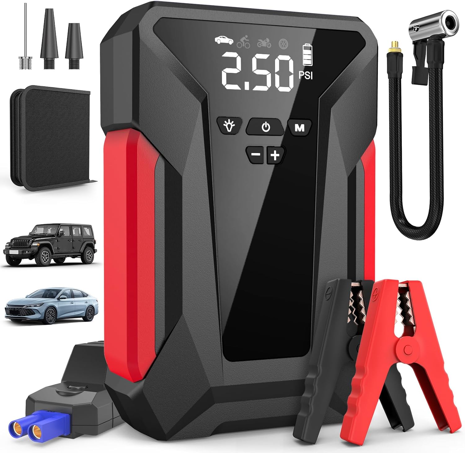 Cemobene 4000A Jump Starter with 150PSI Air Compressor - Portable Car Battery Booster for 10L Gas/8.5L Diesel (Black)