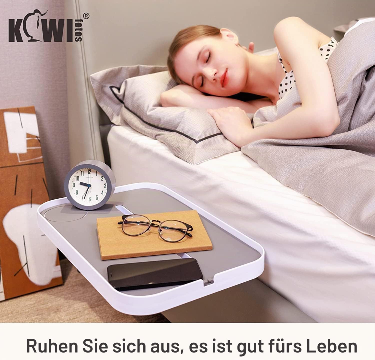 KIWIFOTOS Nachttischablage für Bett ohne Seitenrahmen, Nachttisch-Tablett für Plattformbett mit Getränkehalter, Kable-Organizer, stummes Design (Model L)