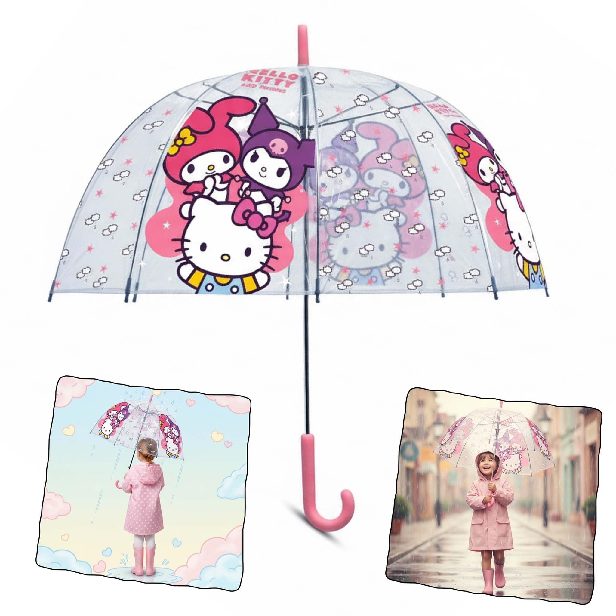 SRV Hub Hello Kitty & Friends Kids Umbrella 75cm, Transparent Dome PVC Brolly for Girls 3-7 Years, Lightweight Windproof Rain Umbrella with J Handle, Durable Portable School Travel Gift