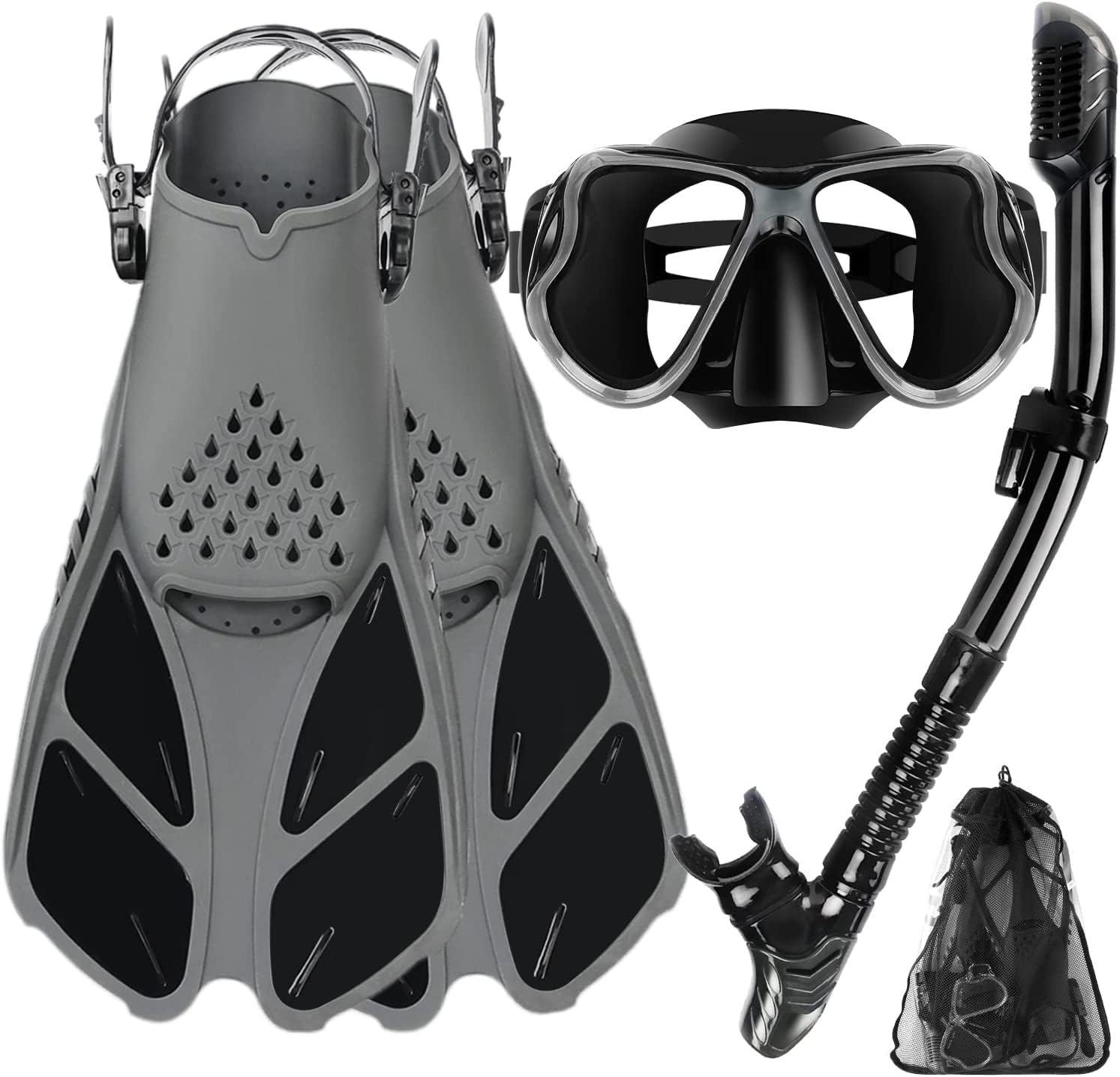 LIODUX 2023 Snorkeling Gear for Adults Men Women,4 in 1 Snorkel Set with Panoramic View Diving Mask Anti-Fog Anti-Leak,Dry Top Snorkel,Fins and Travel Bag for Swim,Snorkeling and Travel Diving