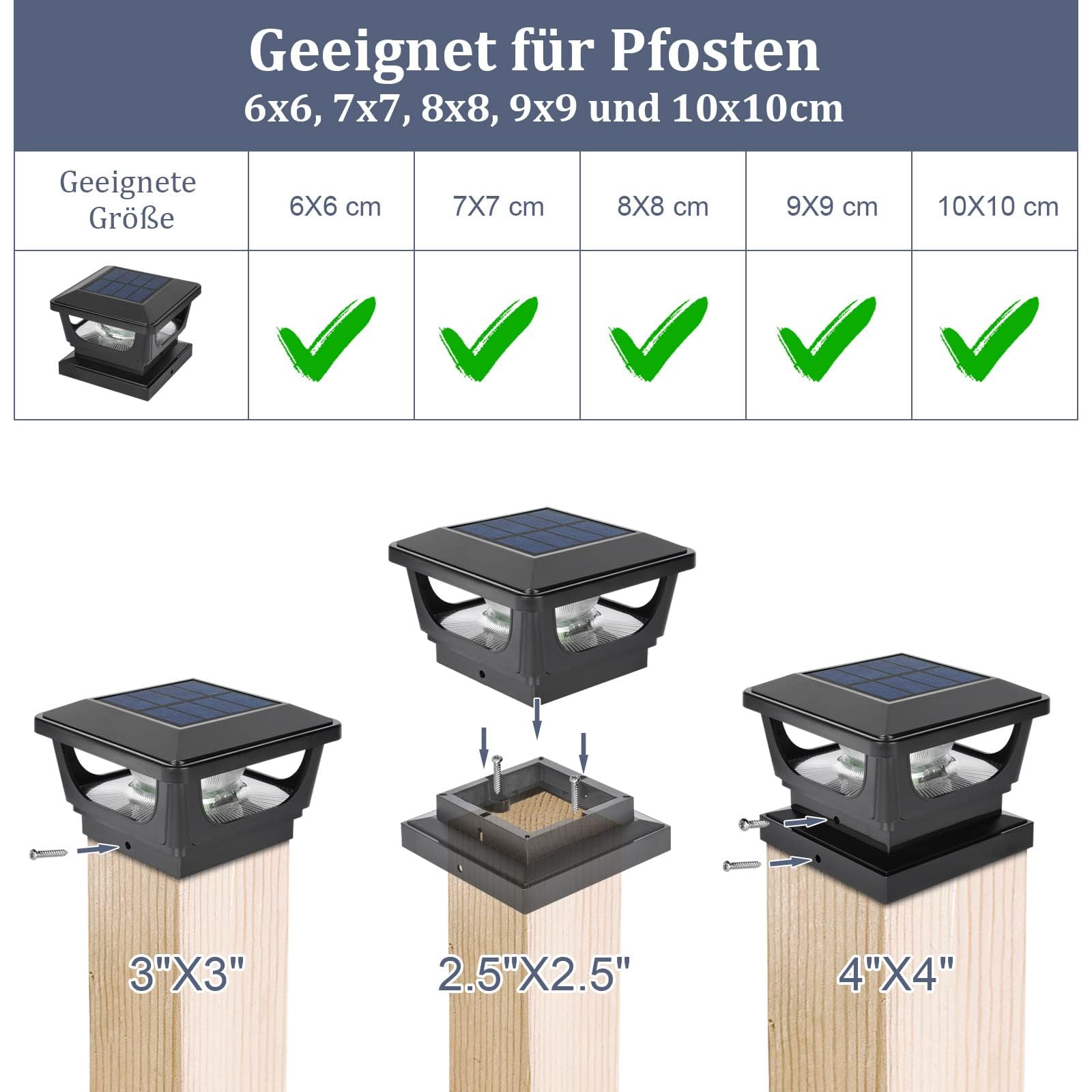 Solar Pfostenkappe 7x7 8x8 9x9 10x10 IP65 Außen Schwarz Post Cap Light