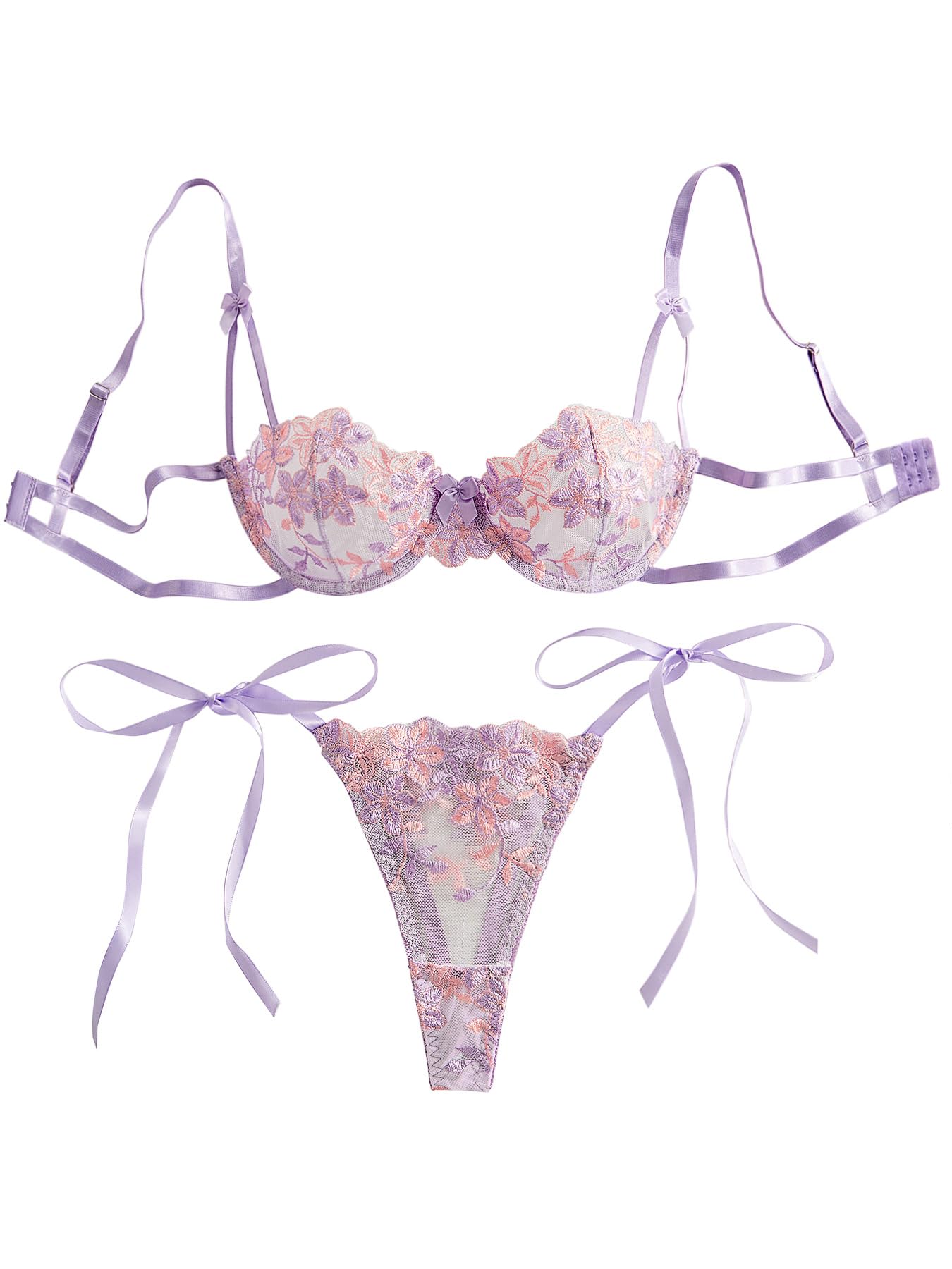 Lilosy Conjunto de lencería sexy con tiras bordadas de malla transparente con aros | Lindo lazo de malla bordada transparente para novia, boda, tiras a juego, con aros, para luna de miel, Navidad, San Valentín