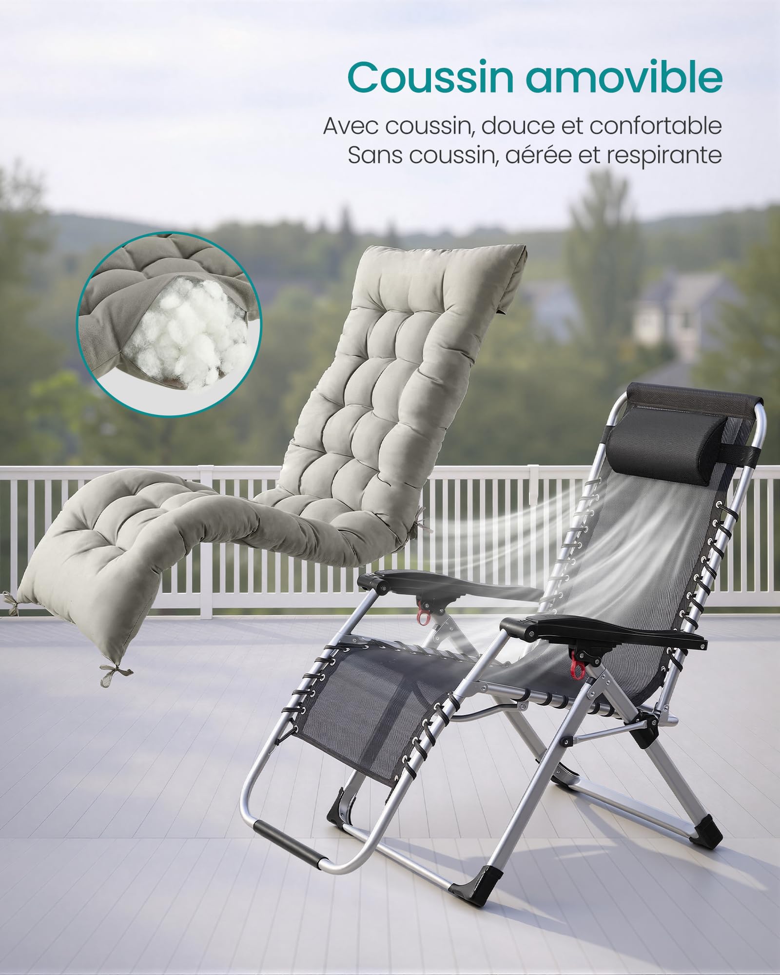 SONGMICS Chaise Longue Pliante, Chaise de Gravité Zéro avec Coussin Amovible, Structure en Acier, Supporte Jusqu'à 110 kg, Appui-Tête Réglable, Sac, Plateau, pour Jardin, Balcon, Gris Clair GLB040GZ04