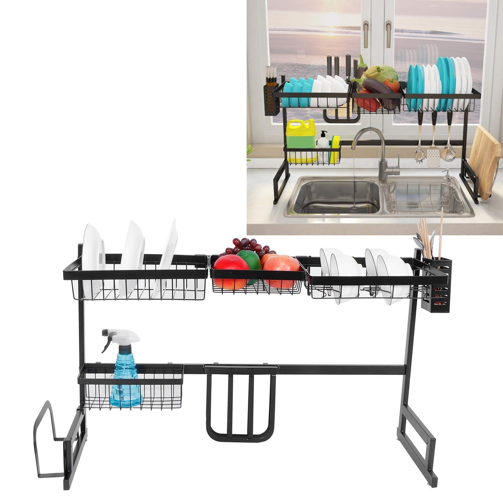 85 cm Edelstahl-Spülbecken-Wäscheständer, Multifunktionaler Küchen-Organizer für den Heimgebrauch, Schwarz