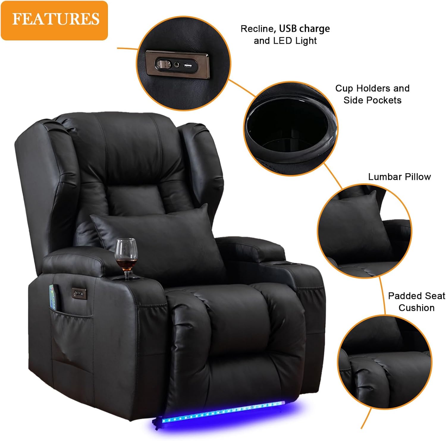 Oprisen Power Recliner Chair with Heat & Massage, Home Theater Seating with LED Light, Electric Movie Gaming Sofa Reclining Sleeper Chair/USB Port/Cup Holders/Lumbar Pillow