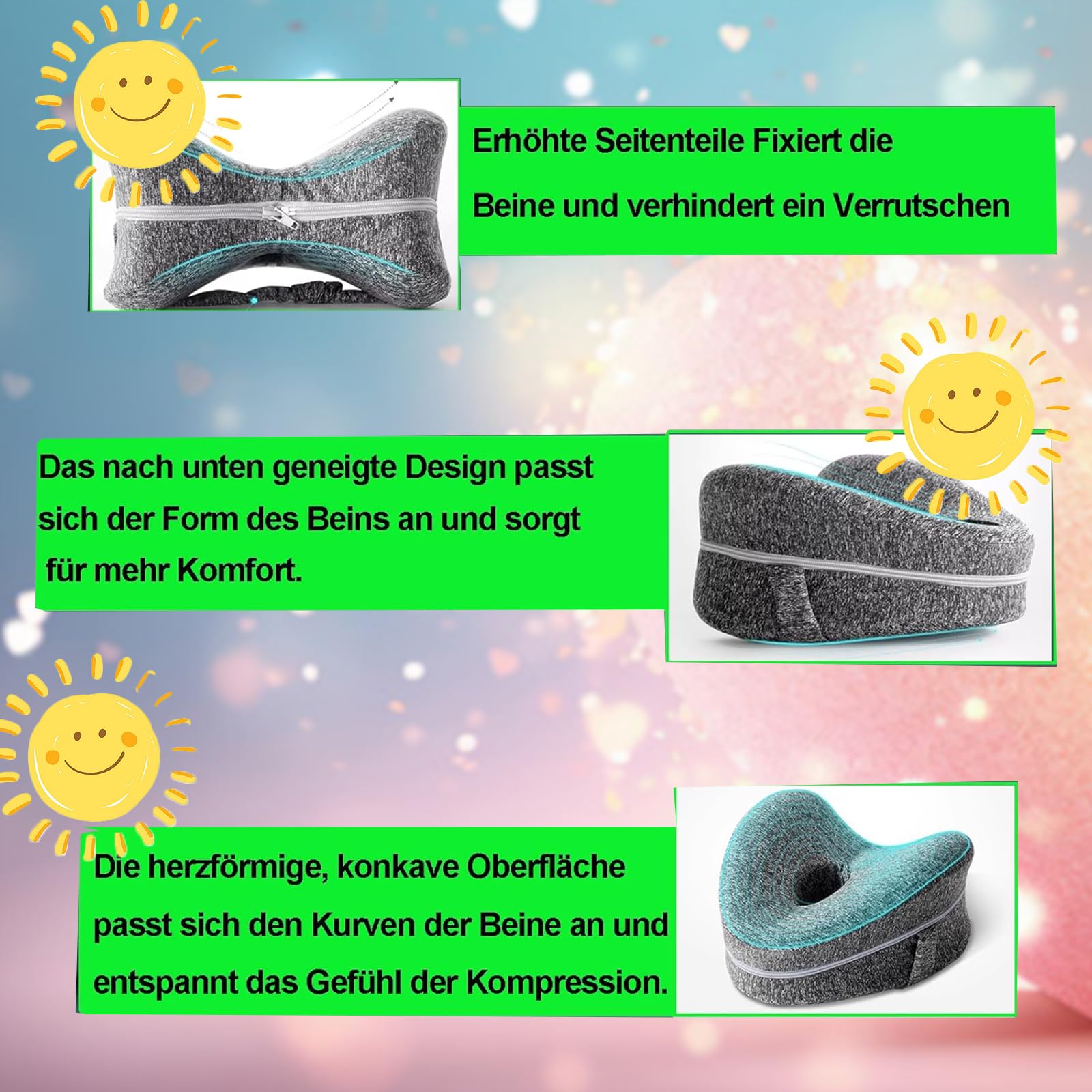 Kniekissen für Seitenschläfer aus Memory Schaum, Grau | Leg Pillow, Für Hüft Rücken Knie-Schmerzen, Schwangerschaft geeignet