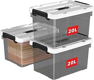 Cetomo, 20 L, Pack of 3, Storage Box with Lid, Storage Boxes, with Clips, Stackable, Living Room, Bedroom, Food Safe, Sealing Clips, New Material Plastic Box, Transparent Black