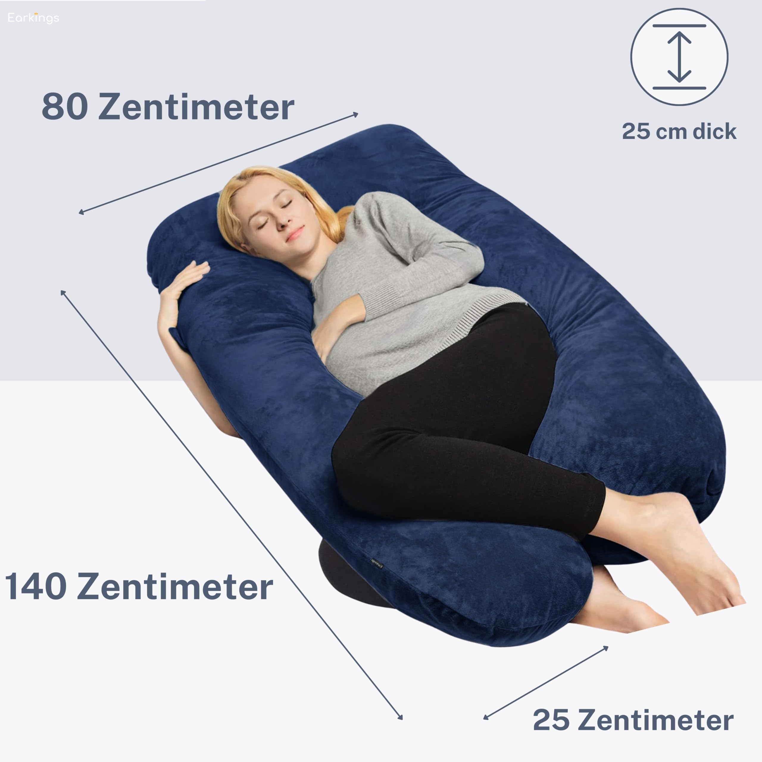 Cuscino per gravidanza, cuscino per dormire sul lato, 140 x 80 cm a forma di U con fodera rimovibile, cuscino per il corpo, blu