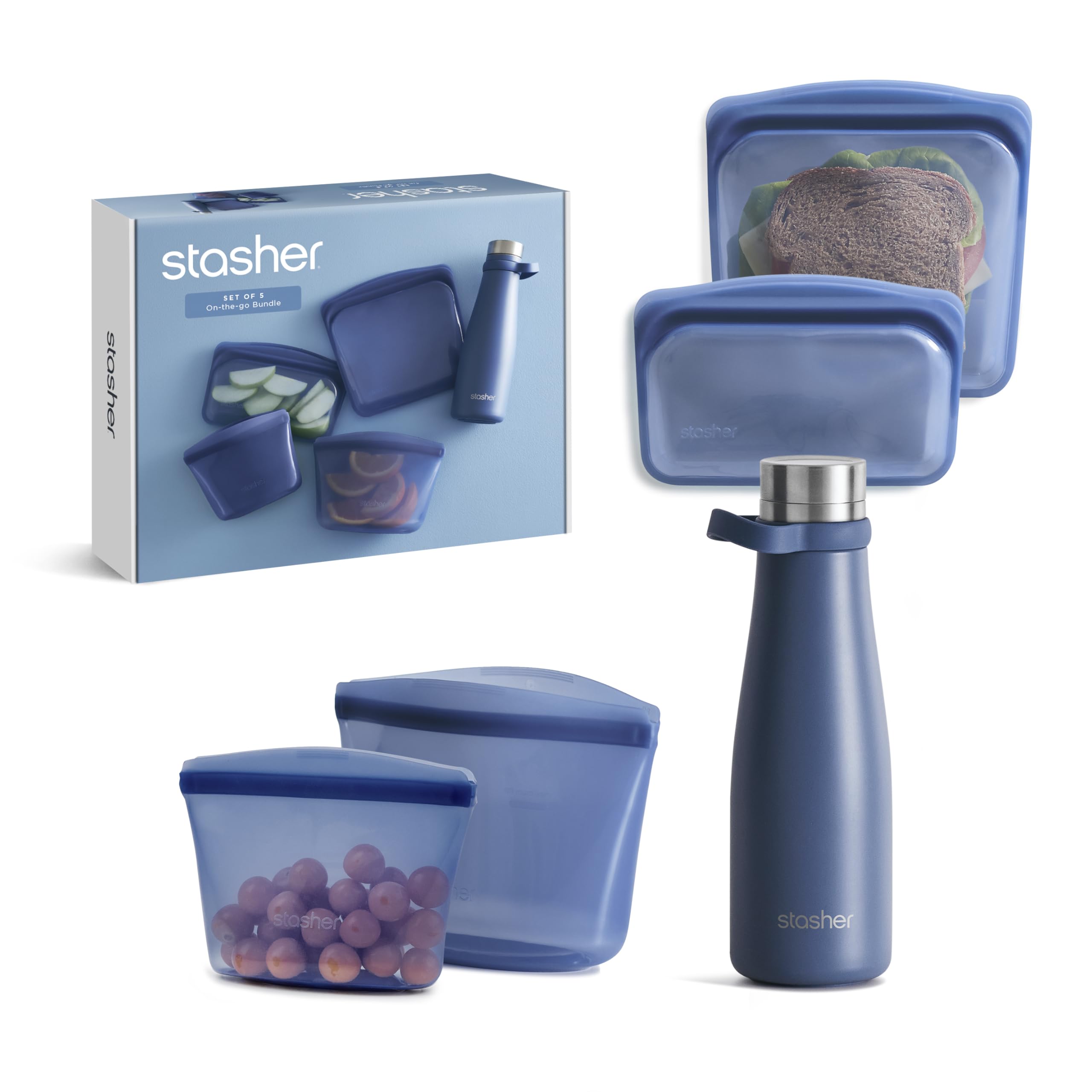 Stasher On-The-Go Boxed Starter Kit 5-Pack, Premium Silicone Reuseable Food Storage Bags, Deep Ocean, Water Bottle, Multi-Use Travel Containers, BPA Free, Leak-free, Dishwasher Safe, Eco-Friendly