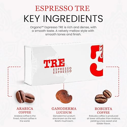 Miniatura 4 de Organo Cápsulas de café Espresso Tre - Ganoderma Lucidum - Granos de café arábica - Café Robusta - Sin azúcar y sal - 10 porciones (1 cápsula 0.19