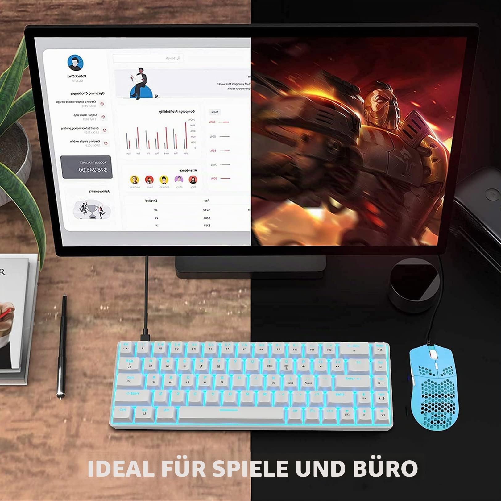 Tastatur und Maus Gaming Set, 68 Tasten Blauer Schalter 60% Mini Eisblaue Backlit Mechanische Tastatur Weiß, 6400DPI Leichte Programmierbar Maus Grün, USB-Kabel, Kompatibel mit Windows Mac PS4