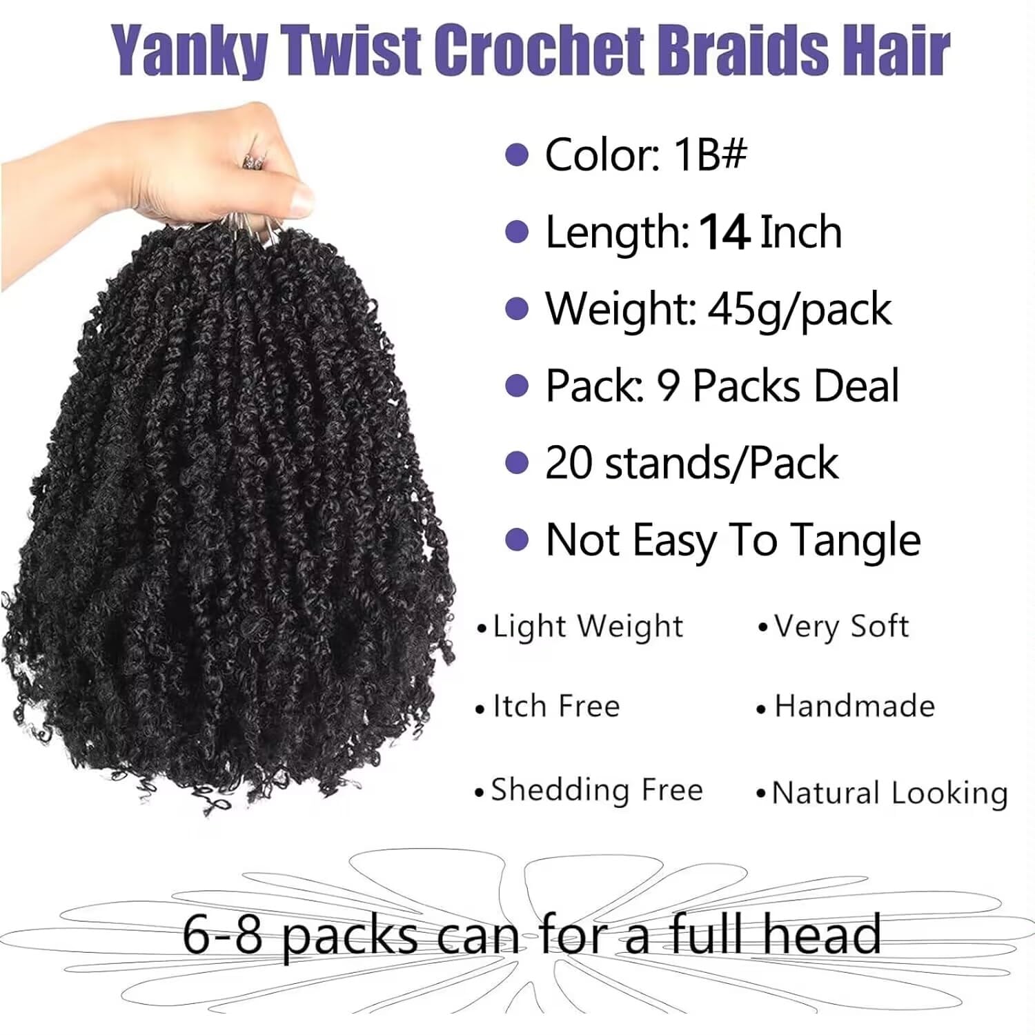 Datanala Yanky Twists Crochet Braiding Hair 14 Inch 9 Packs Crochet Hair with Curls Micro Spring Twists Crochet Hair Pre-looped Curly Crochet Braids Hair Extensions for Women (1B# - Image 2