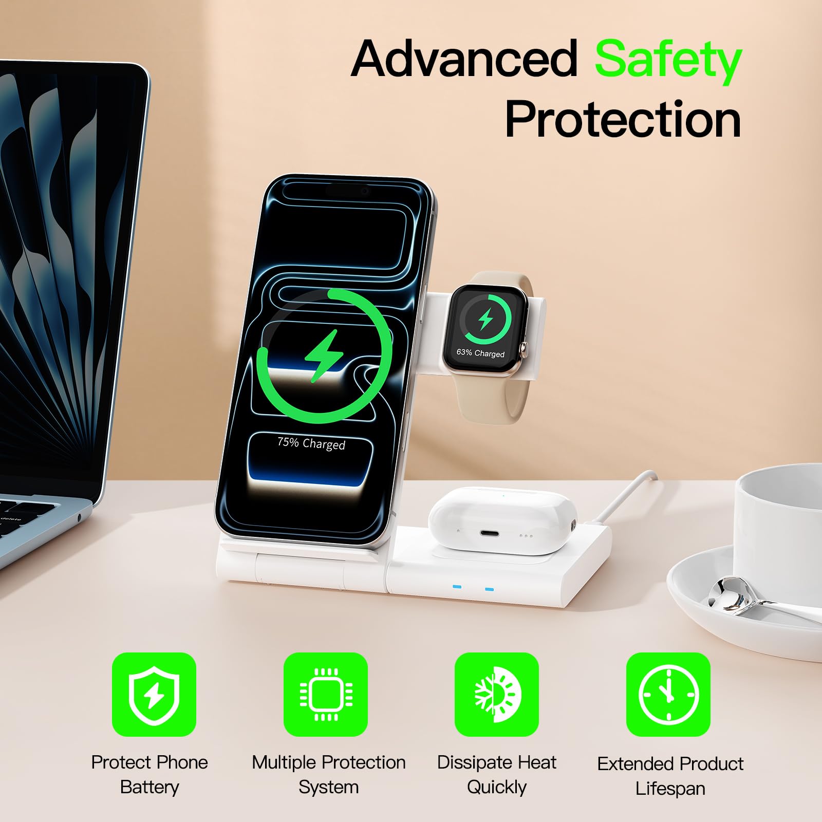 Cargador inalámbrico 3 en 1 para iPhone, estación de carga inalámbrica para múltiples dispositivos Apple (blanco)