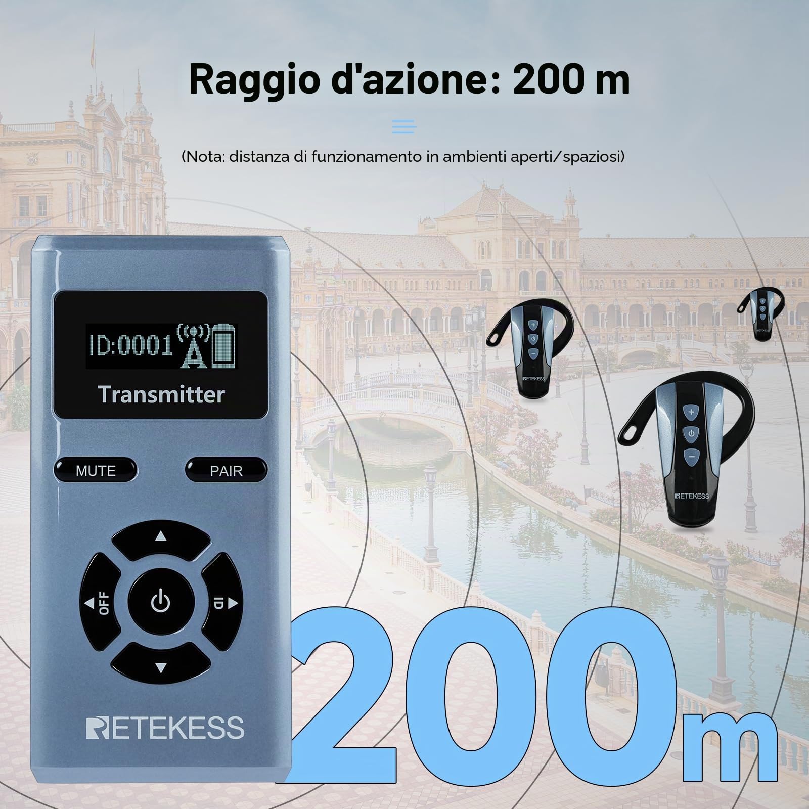 Retekess TT106S Cuffie per Guide Turistiche, Mini Ricevitore con Aggancio Auricolare,2.4G,Distanza di Lavoro di 200 m,AUX,Controllo U-touch,design adesign a Pulsanti Grandi,Per Conferenze, Viaggio