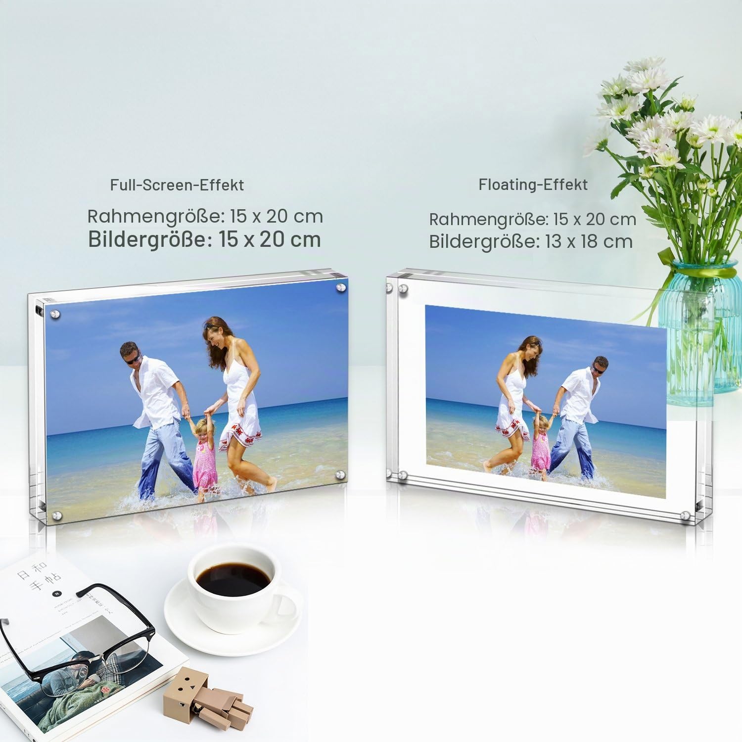 AMEITECH Magneticsche, ACRYI Foto-Bilderrahmen,Haelt 15x20 cm Fotos, 10mm+10mm Dicker Transparent und Rahmenlos -Transparent