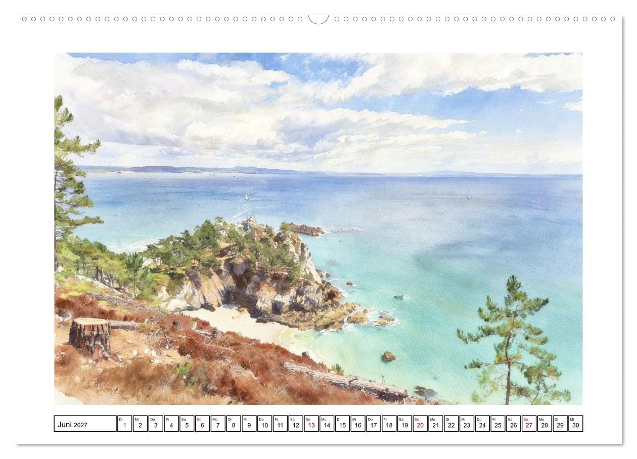 Highlights der Bretagne (hochwertiger Premium Wandkalender 2027 DIN A2 quer), Kunstdruck in Hochglanz: Schönheit der Region im zarten Aquarell-Stil (CALVENDO Orte)