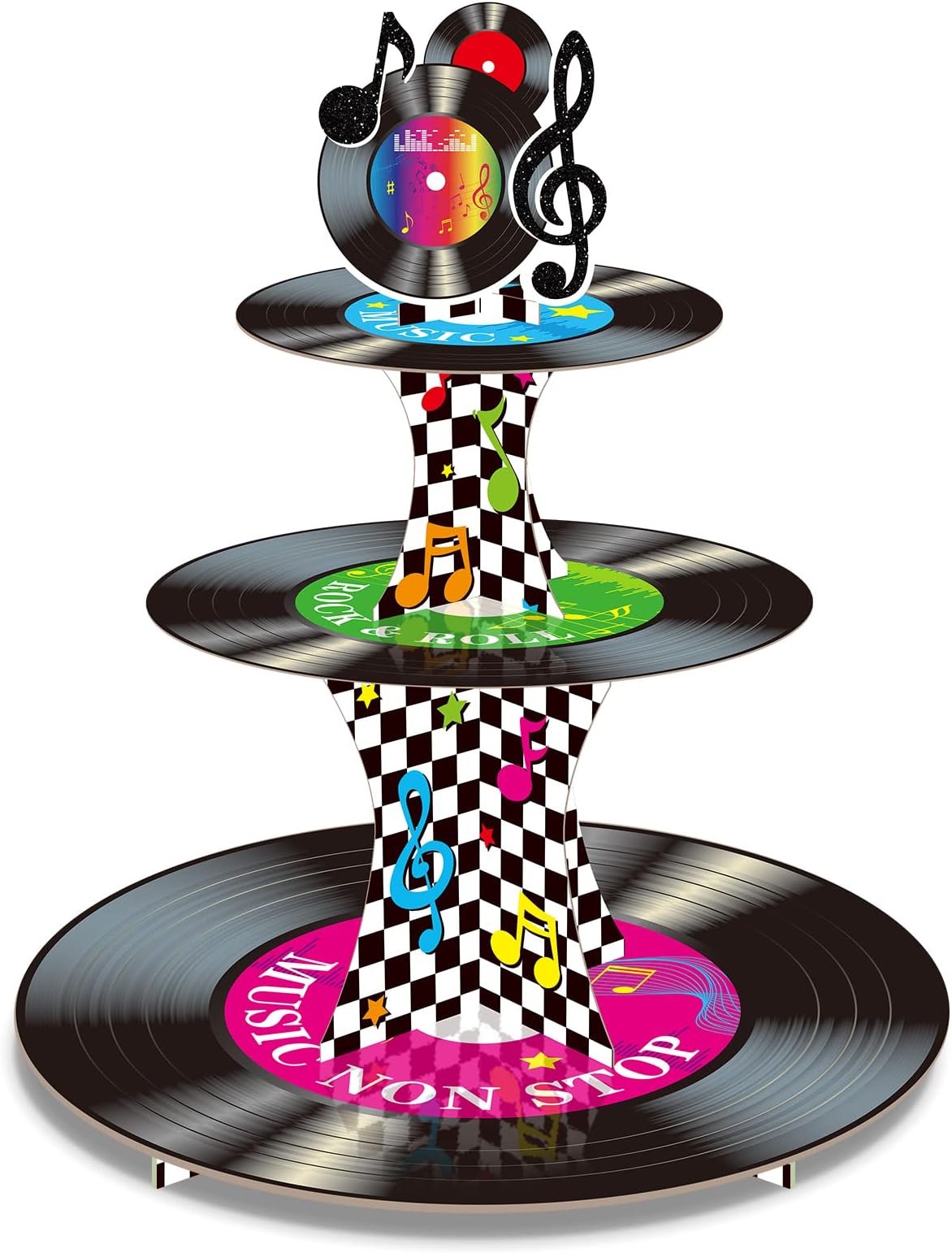 3 Tier 1950's Rock and Roll Music Party Decorations Record Cupcake Stand Vinyl Record Cupcake Holder Music Not Stop Dessert Tower for 50s Retro Theme Party Supplies