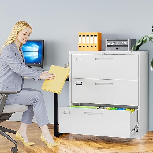 Vista 169 de Archivador de 3 cajones, archivador móvil totalmente ensamblado con cerradura para oficina en casa, caninete de metal con ruedas, cabina de tres