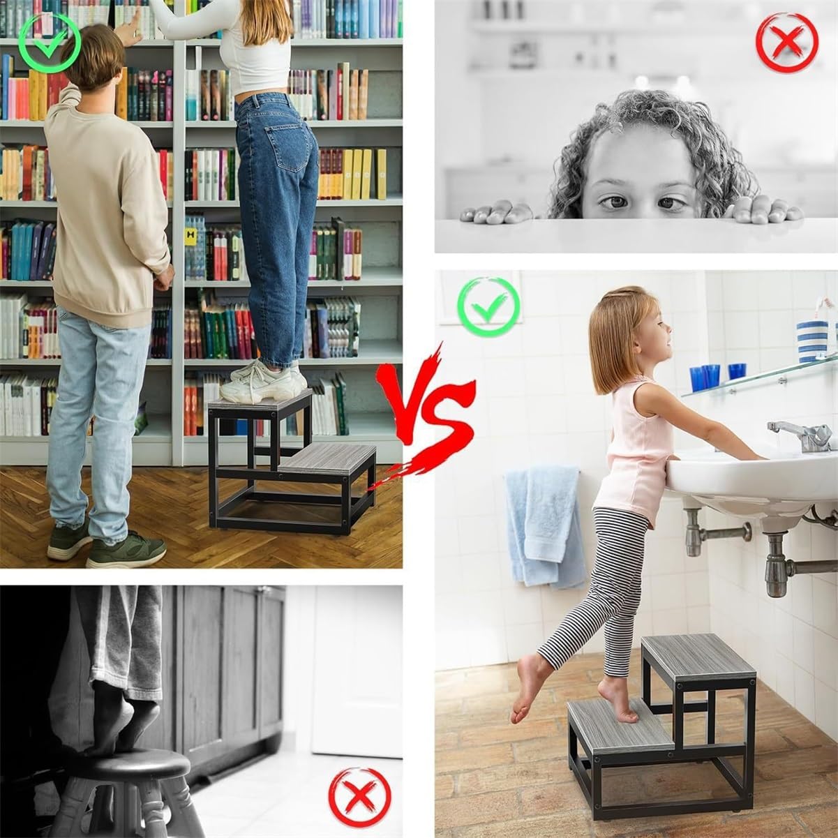 2-stufige Trittstufe mit 500 lbs Tragfähigkeit, Metallrahmen und Holzoberfläche, rutschfest, für Kinder und Erwachsene, Küche, Bad und Schlafzimmer(Schwarz)