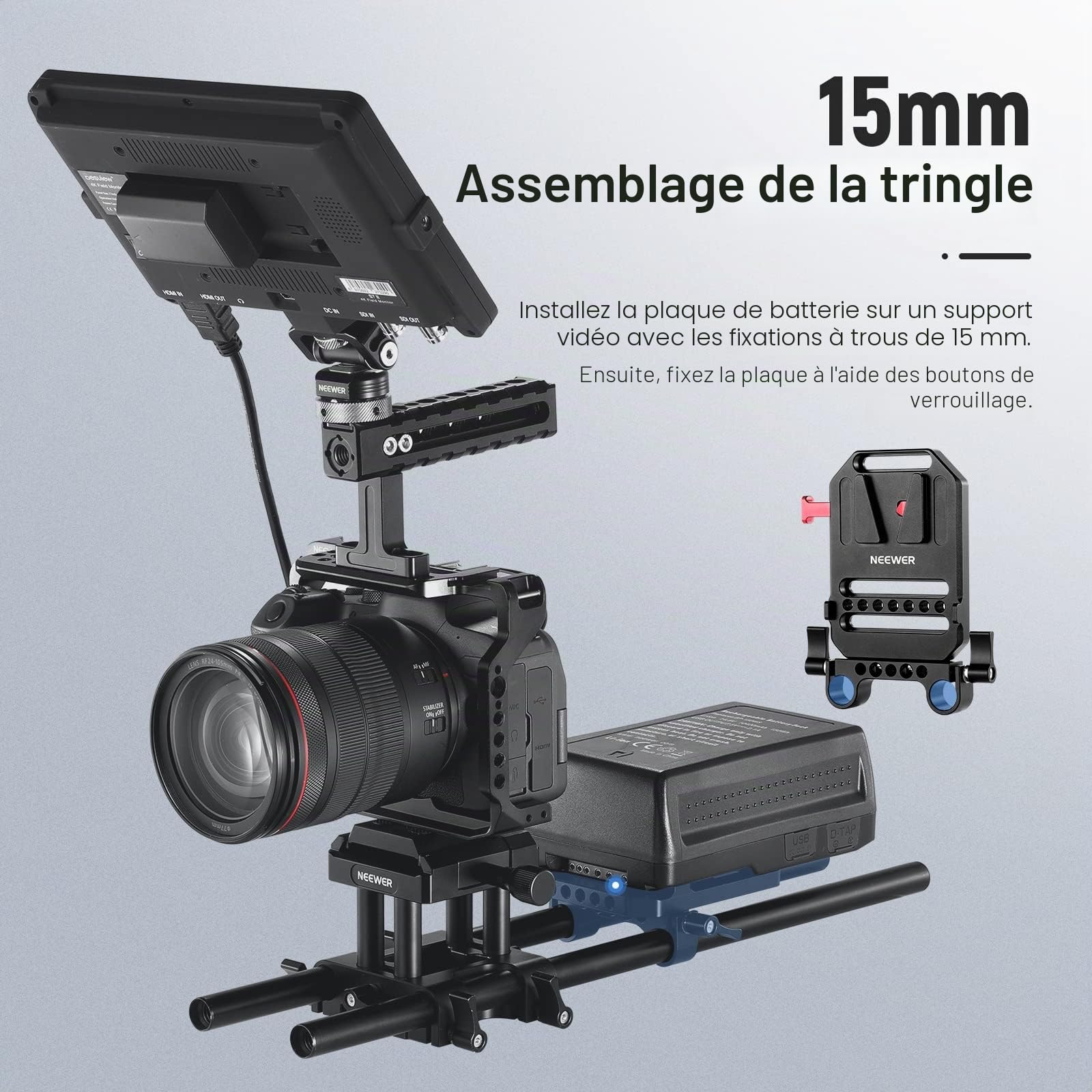 Neewer Plaque de Batterie à Montage en V avec Deux Pinces à Tige de 15 mm,filetages 1/4" et 3/8",Plaque de Montage de Batterie en métal V Lock pour Cage de caméra,Compatible avec SmallRig(ST43)