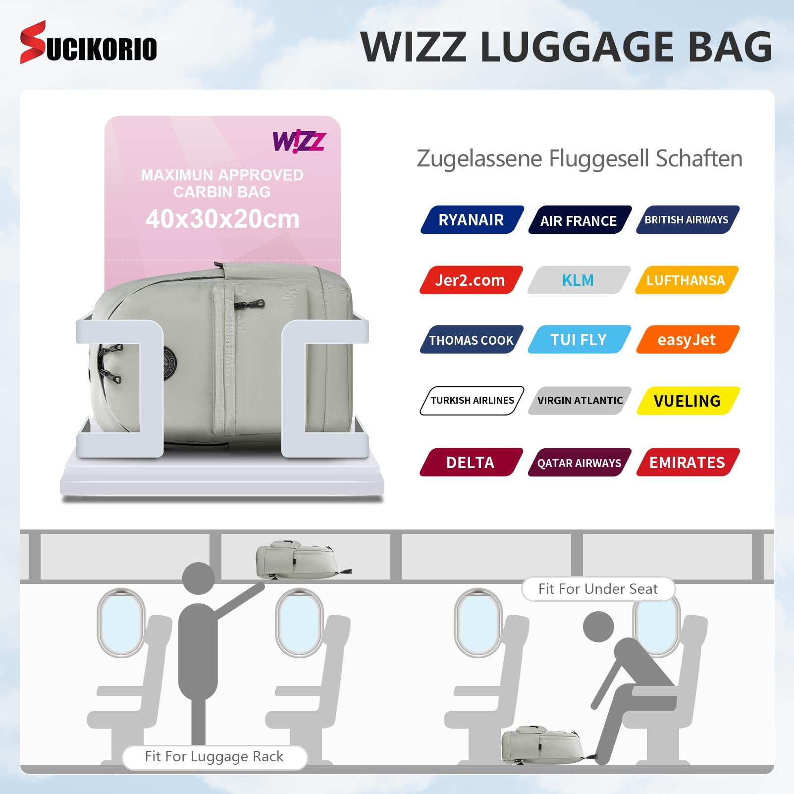 40x30x20cm Plecak Podróżny Wizzair Bagaż Podręczny Samolot, Wodoodporny Plecak Podróżny Oxford Z Przegrodą Na Laptopa 14 Cali Plecak Szkolny Daypack Dla Eurowings, Damski, Męski, Podróżny