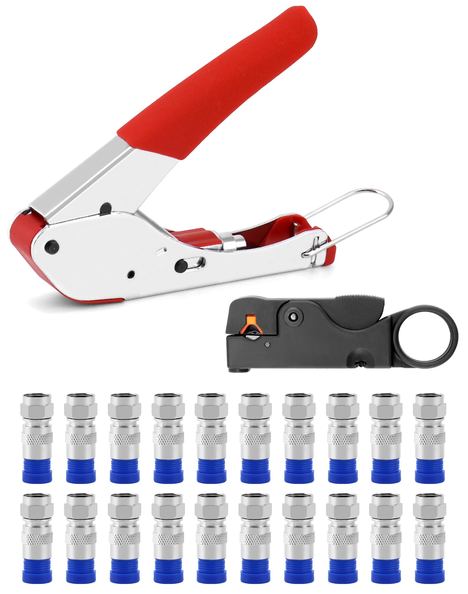 QWORK Set di strumenti per crimpare cavi coassiali 22PCS con spelafili e compressione connettore F per RG6 TV via cavo