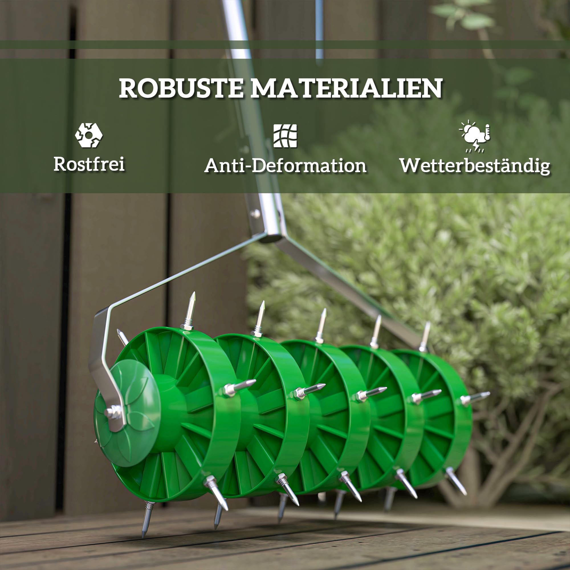 Outsunny Rasenlüfter Manuell Vertikutierer für Rasen 45cm Breite Aerifizierer mit Gartengeräten 30 Eisenspikes Stopfenkern Bodenschiene, Rasenspecht Rasenbelüfter, Rasenpflege für Rasen Höfe