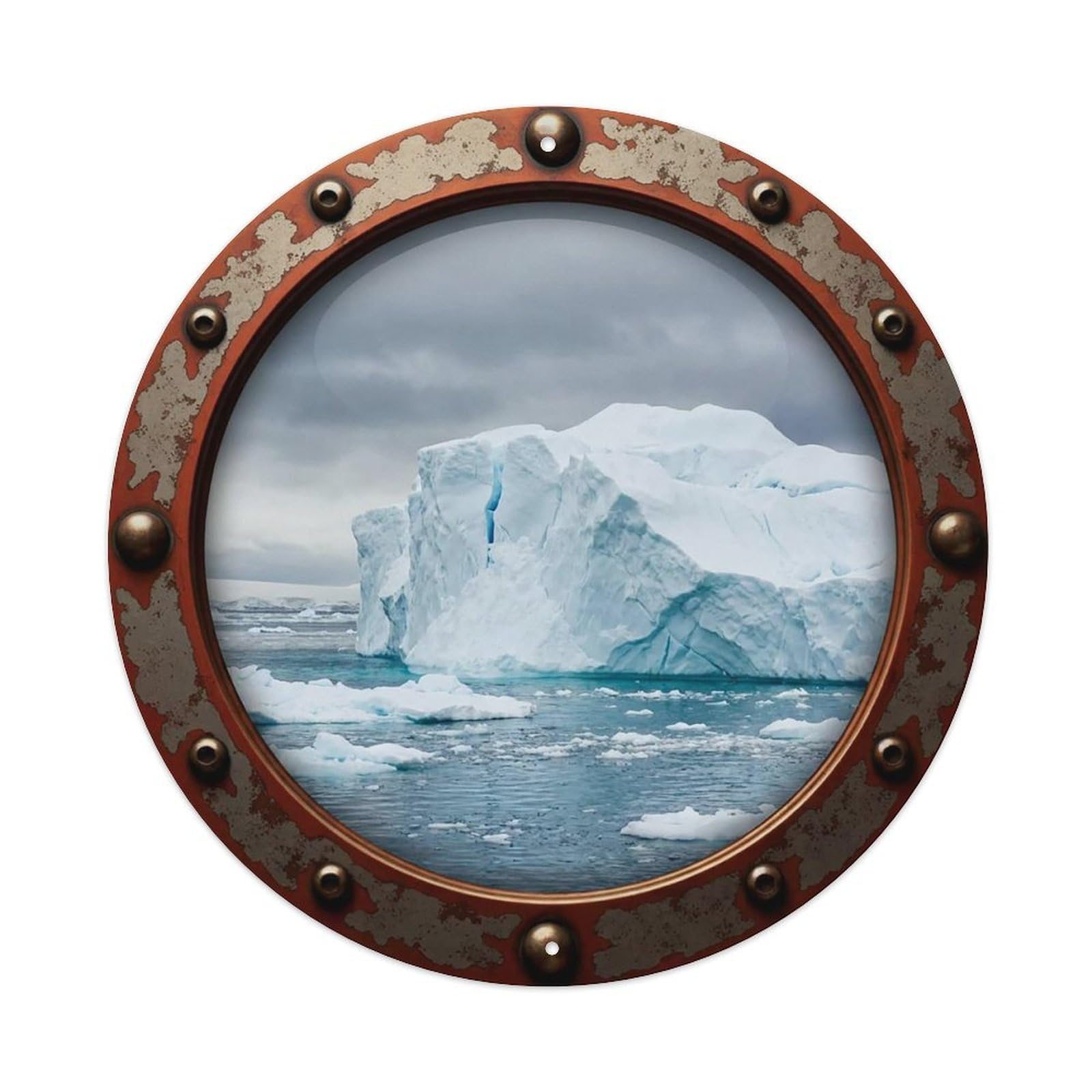 Vintage Porthole Arctic Iceberg View Vintage Metal Tin Sign Plaque Wall Decor for Cafe, Club Bar, Office, Garden Metal Poster 8x8Inch