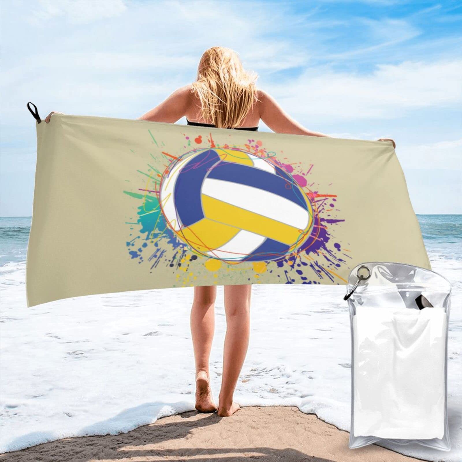 Lawenp Colorfully Volleyball Microfiber Beach Towel Adults Large Quick Drying Bath Towel Travel Towels with Pouch 31.5"x63"