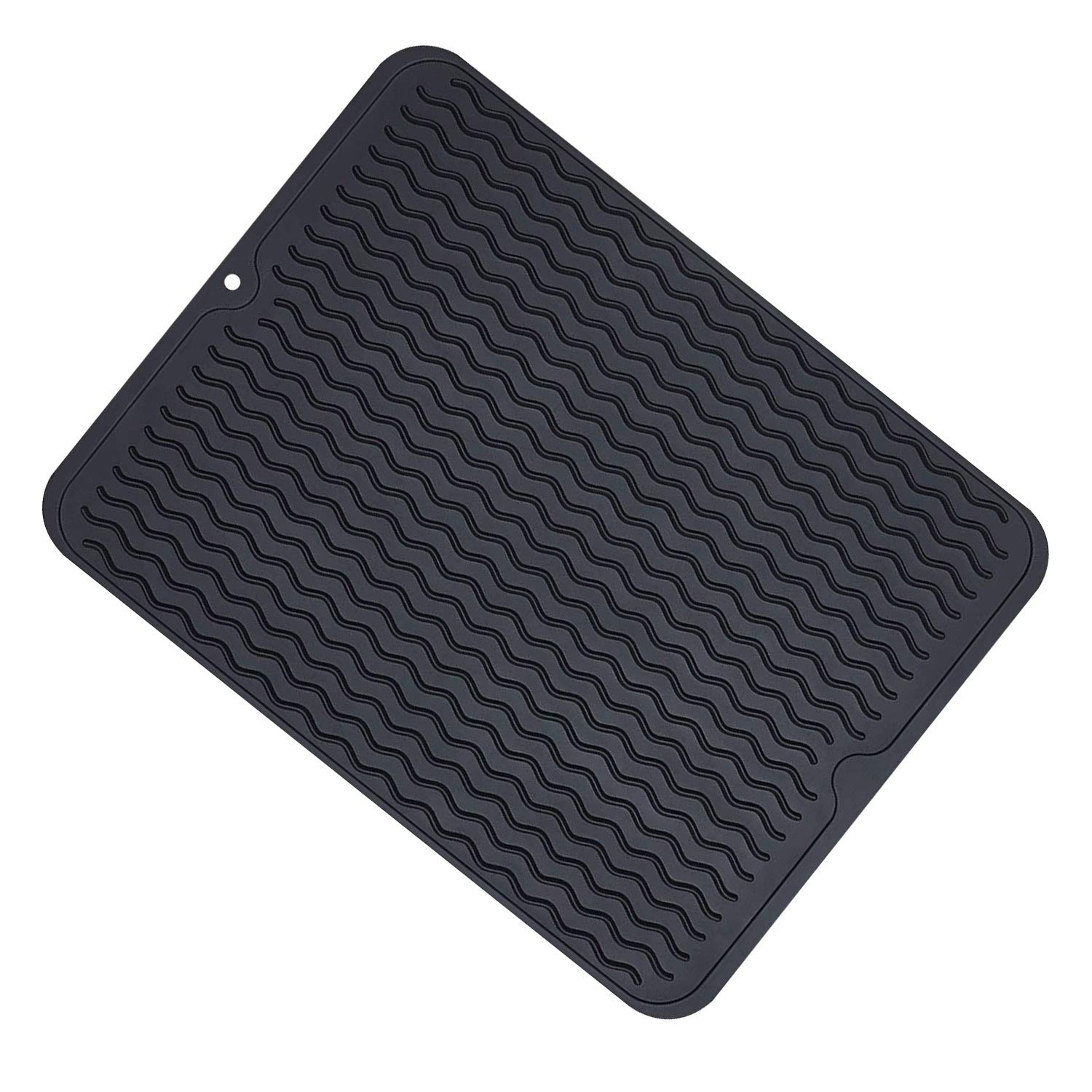 AJKSilicone Dish Drying Mat for Multiple Usage, Easy clean, Eco-friendly, Heat-resistant Silicone Mat for Kitchen Counter, Sink, Refrigerator, drawer liner, Store Can be Rolled UP. (black 16"x12")