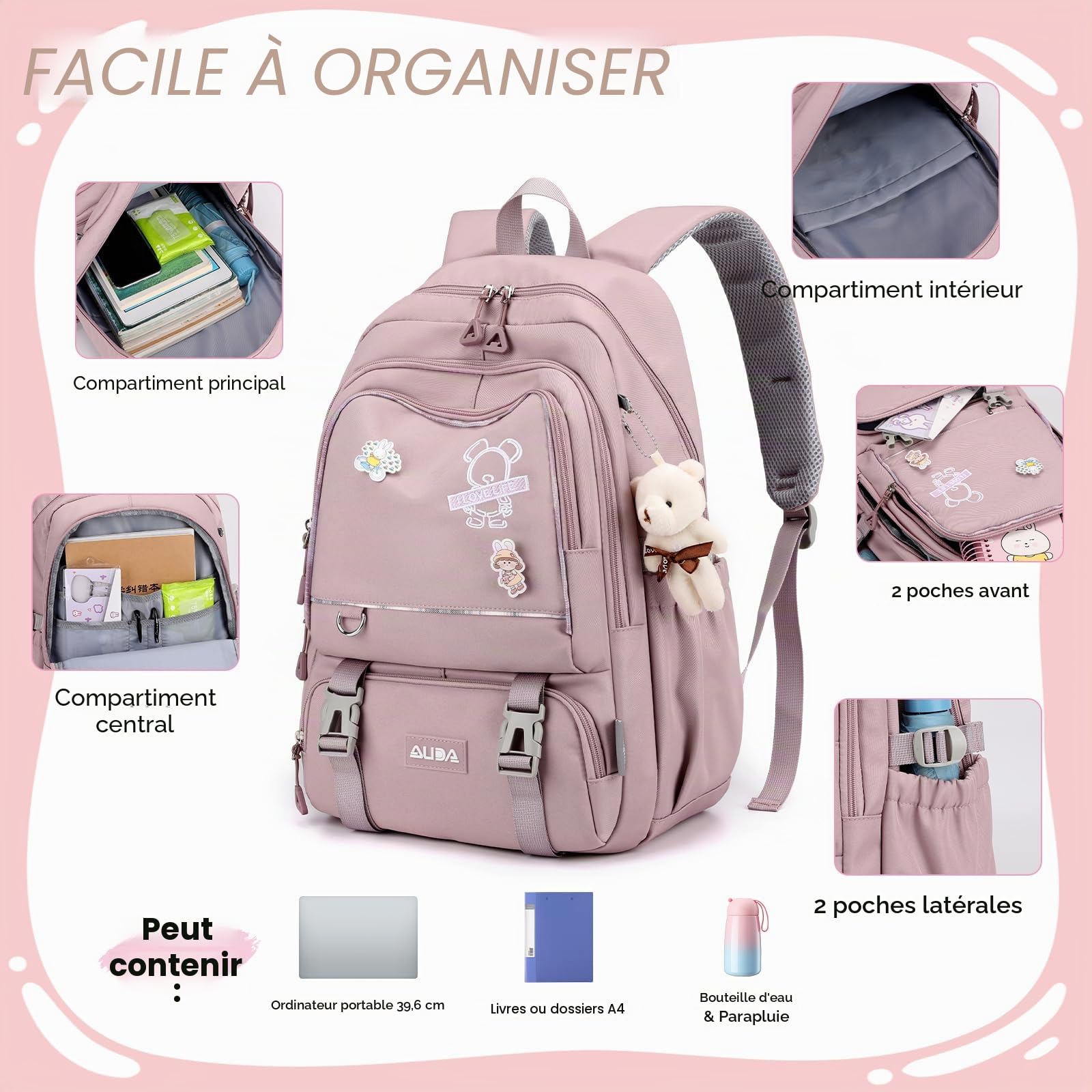 Amythe Cartable à Roulettes pour Fille Collège, Chariot Amovible, Violet