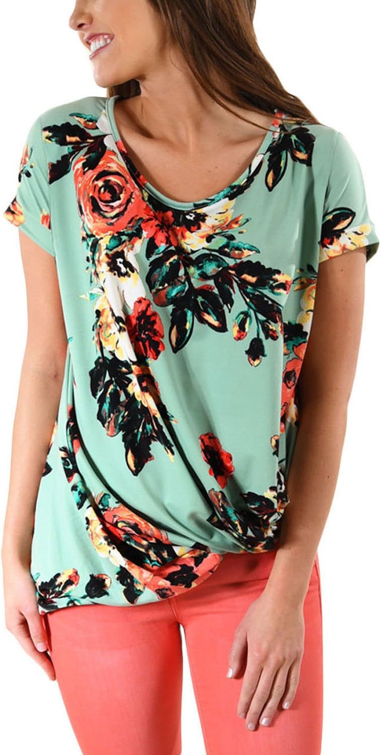 Stormmall Womens Short Sleeve Floral Print Knot Front T-Shirts Tops