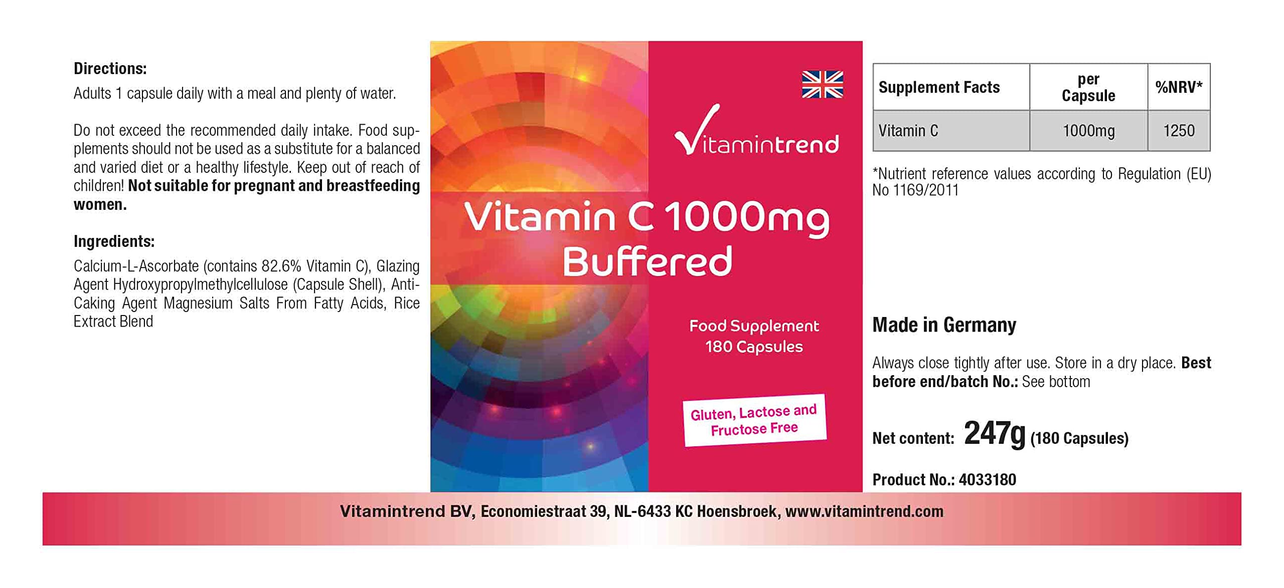 Vitamintrend Vitamin C gepuffert 1000mg, 180 Kapseln, magenschonend, Nahrungsergänzungsmittel vegan ohne Magnesiumstearat, in Deutschland hergestellt (Packung mit 2)