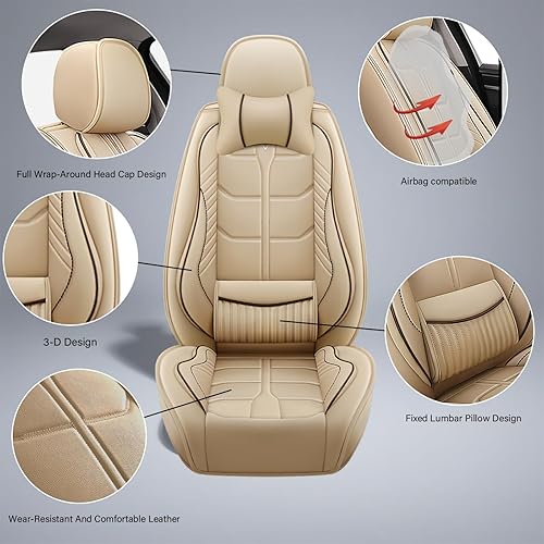 Miniatura 52 de URINOVET Funda de cuero para asiento de automóvil, fundas de asiento de lujo impermeables para KIA Forte Koup 2010-2016 (juego completo, café)