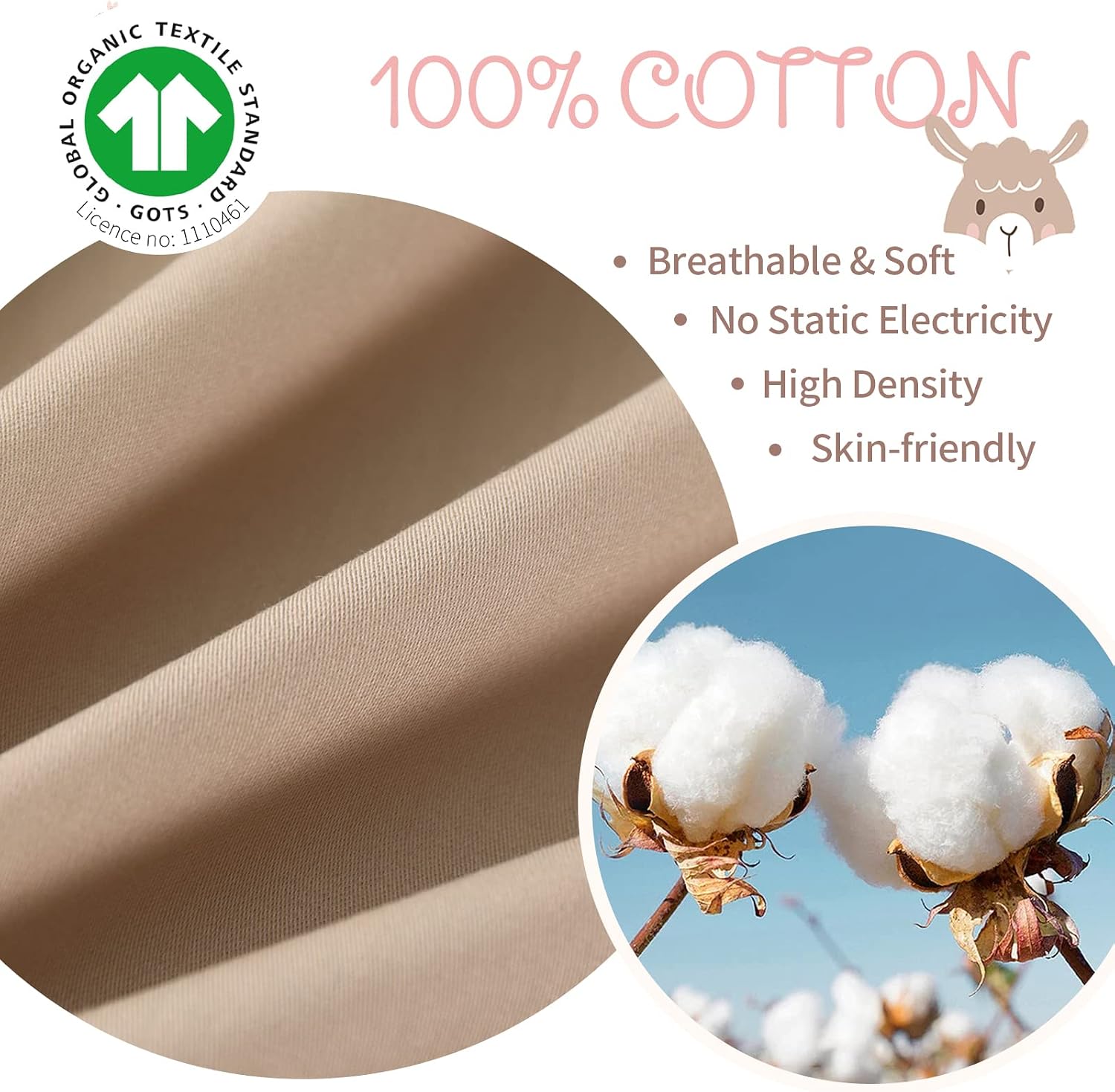 Simple&Opulence 100% Organic Cotton Sheet Set for Kids Teens, 4 Pieces Soft Bed Sheets Boy Girl Warm Adorable - Alpaca, Queen