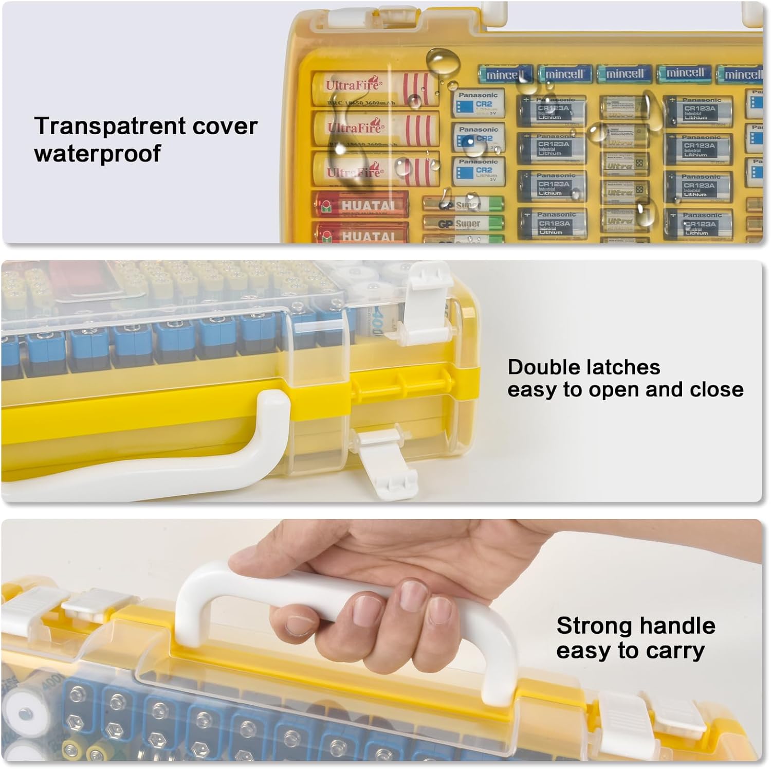 Battery Organizer Storage Holder Case with Double-Sided, Garage Box with Tester Checker. Batteries Container for 269pcs AA AAA AAAA 3A 4A 9V C D Lithium 4LR44 CR2 CR123A CR1632 CR2032 18650 - Yellow