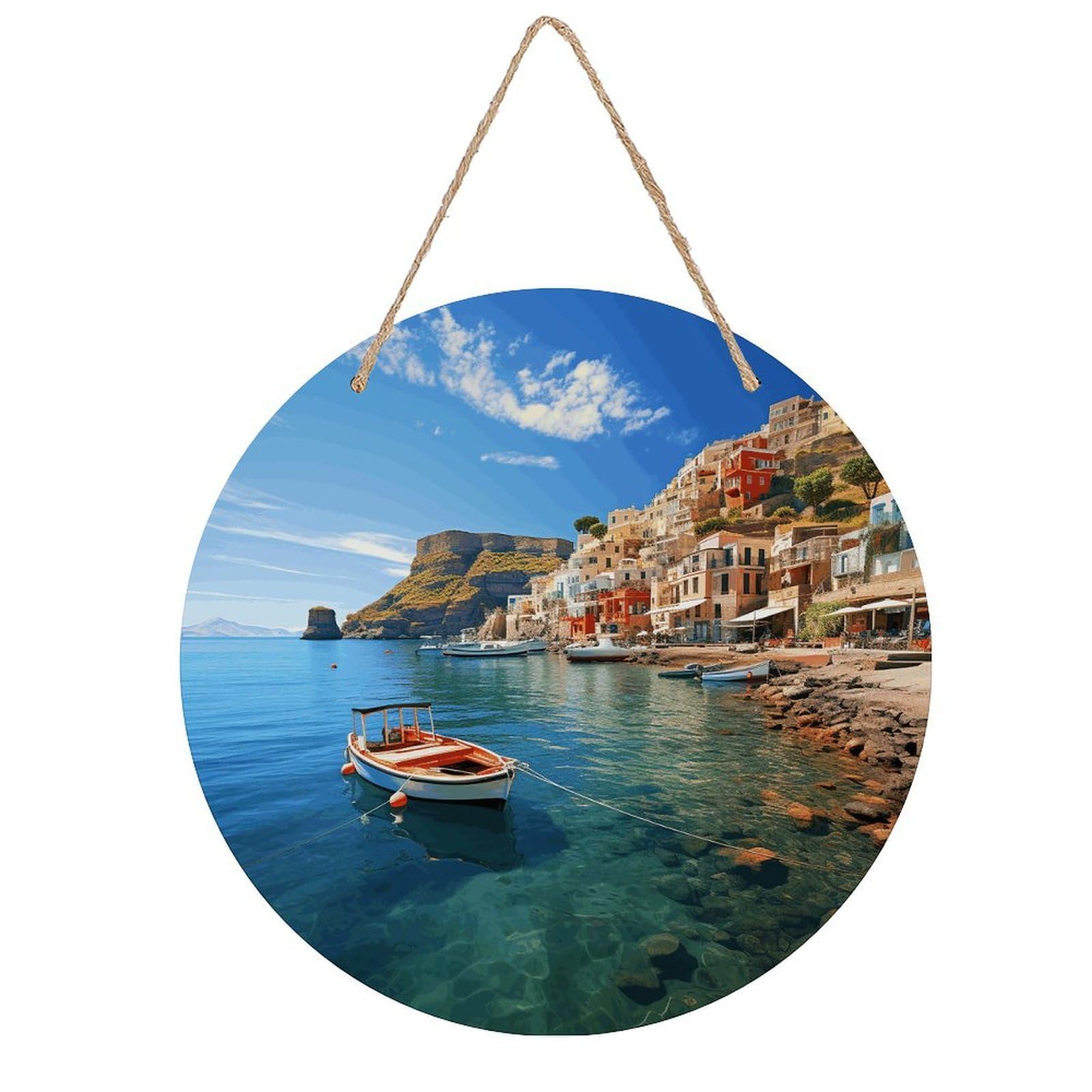 Adfgyerh Style Seaside Town Room Decor，Round Wooden Board Painting，Wall Art，Easy To Hang，Wall Decor ，Suitable For Homes, Offices, Holidays, Bars, Cafes, And Other Venues.