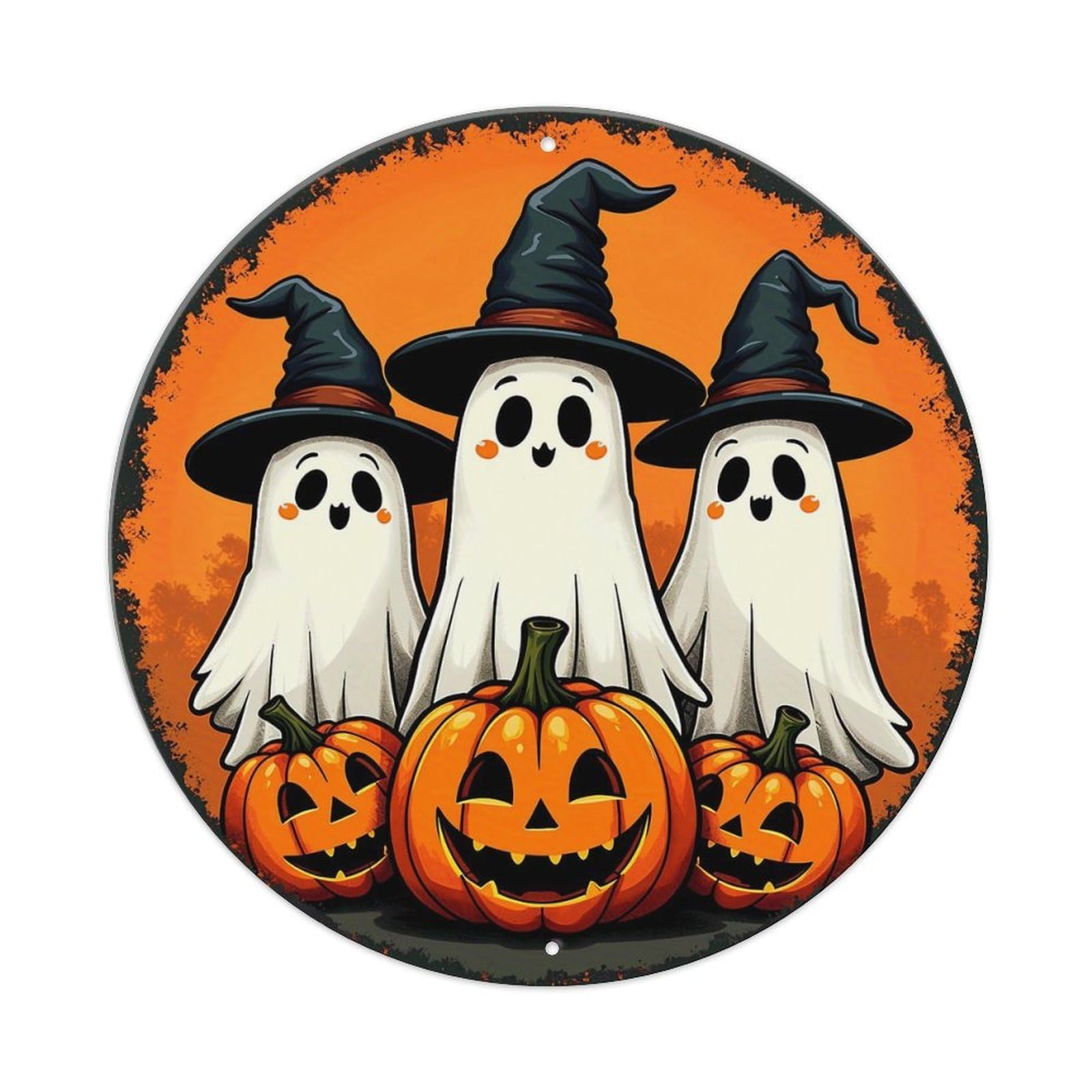 Ghost Witch Hat Pumpkin Halloween Retro Metal Sign Round Tin Sign, Vintage Decor Art Poster for Bar, Home, Man Cave, Kitchen, Laundry Room Gift 8x8Inch