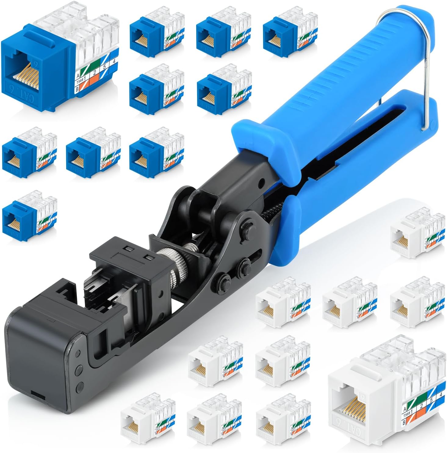 Everest easyJACK - 90� Angled Speed Termination Keystone Tool Set - with 20-Pack of RJ45 Slim Profile Cat6 Keystone Jacks (10 Blue & 10 White) - Time Saver Network Cat6 Punchdown Tool