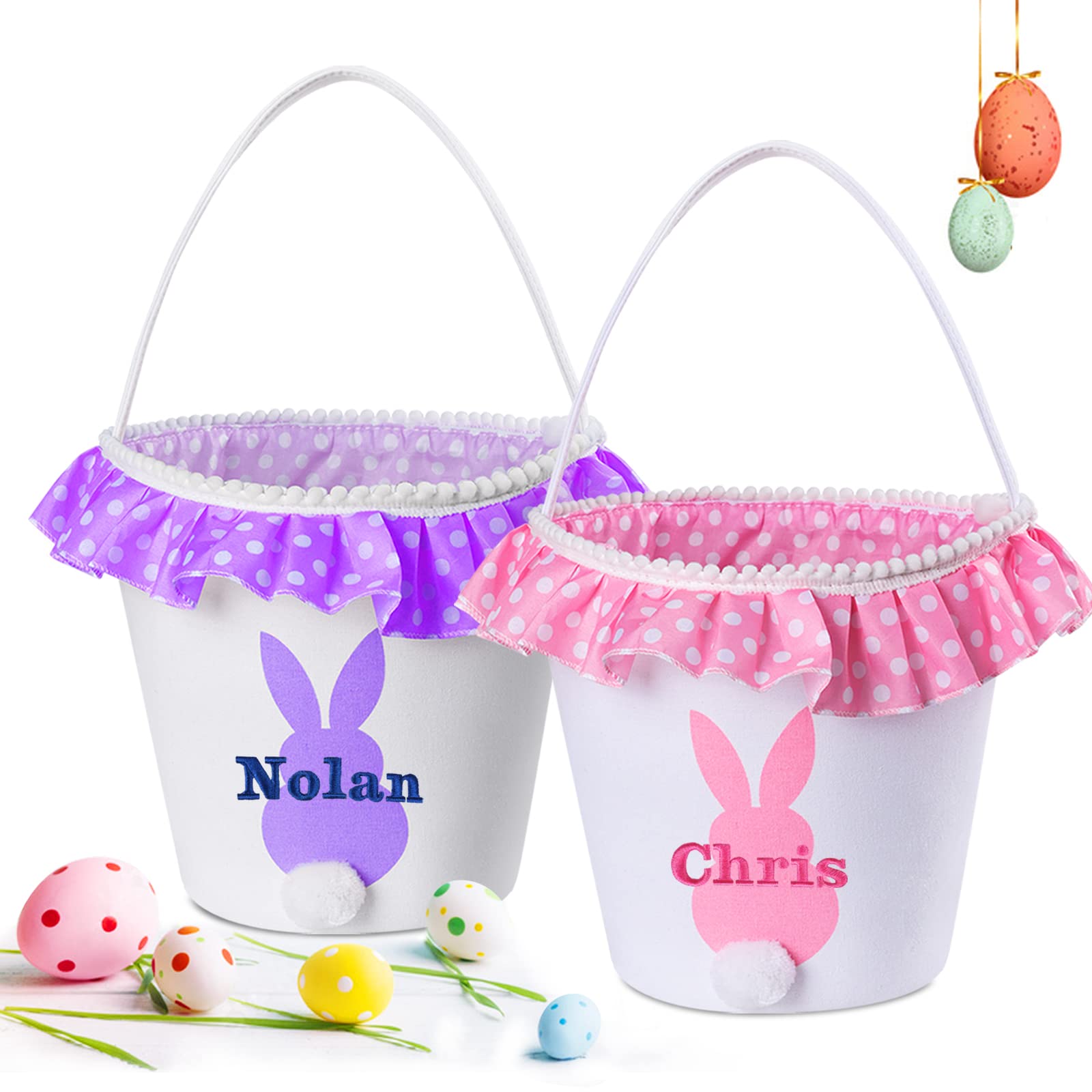 VAPCUFF 2 Pcs Personalized Easter Baskets for Boys Girls, Bunny Easter Basket with Name, Canvas Material, Purple Color