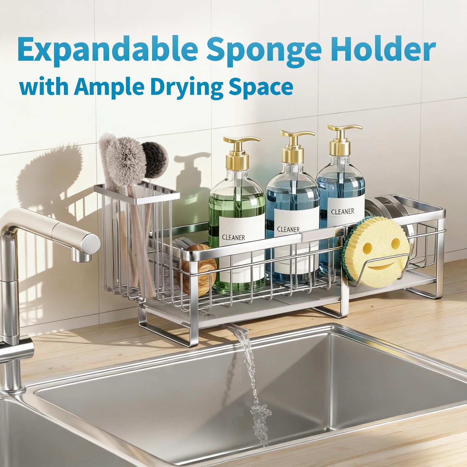 Aurblozen Extra großer ausziehbarer Schwammhalter für Küchenspüle, rostfreier Spülbecken-Caddy Organizer mit hohem Bürstenhalter, Spülseifenspender und Aufbewahrung (Edelstahl)